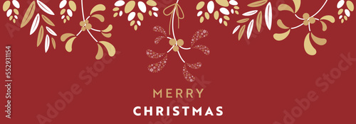雪の結晶で作られたヤドリギをモチーフにしたクリスマスバナーフレームテンプレート（赤）　Christmas banner frame template featuring mistletoe made of snowflakes (red)