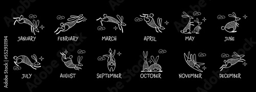 Calendar design. Happy chinese new year 2023 of the rabbit zodiac sign. Funny Bunnies concept art. Christamas background. Vector illustration