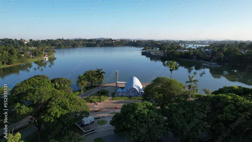 Lagoa da Pampulha, in Belo Horizonte, overlooking the Church of São Francisco de Assis and Guanabara Park. Minas Gerais Brazil. Aerial view.