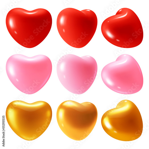 Colorful, glossy and shiny heart collection, isolated on white background. Suitable for Valentine's Day, Mother's Day, wedding or other event decoration. Vector 3d cartoon illustration