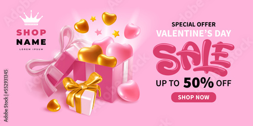 Advertising banner template for Valentines Day sale. Bright design for store promotion. Invitation to good shopping on holidays. Hearts flying out of gift box, pink background. Vector 3d illustration