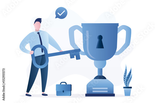 Way to success, concept banner. Smart businessman holding big key to unlock big champion cup. Winner mindset, opportunity to be winner, win or prize for successful entrepreneur.