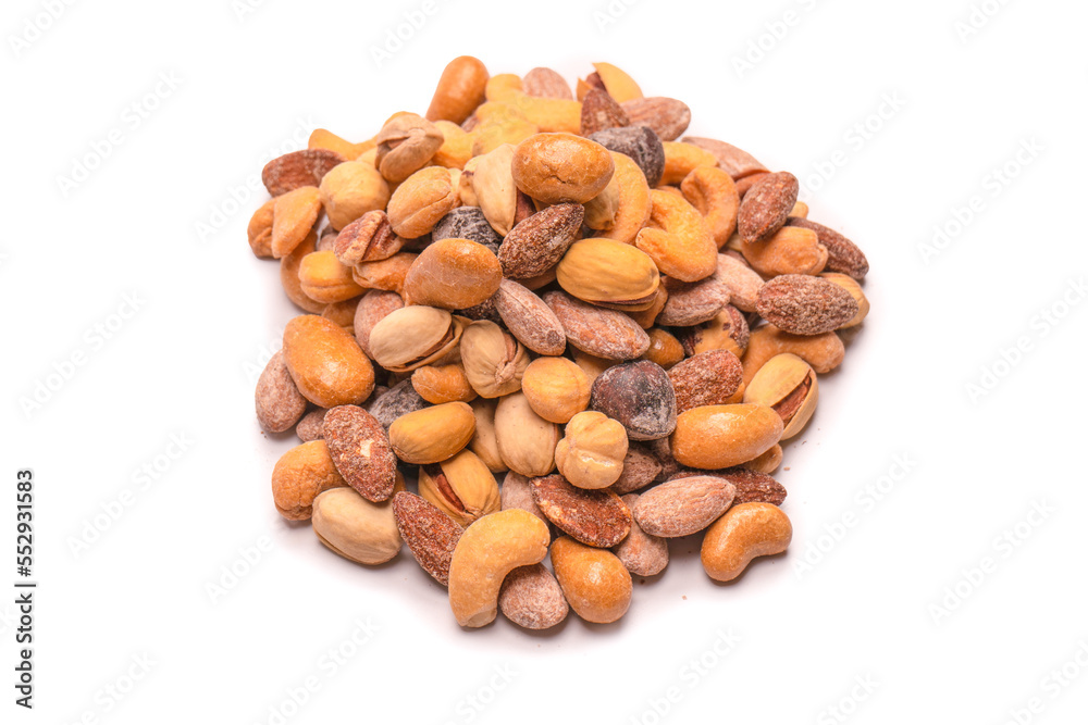 A group of almonds, pistachios, walnuts, macadamia, cashews. A group of almonds, pistachios, walnuts, macadamia, cashews.