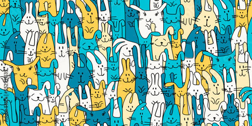 Funny Bunnies family. Seamless pattern background with Rabbits. Symbol of 202...