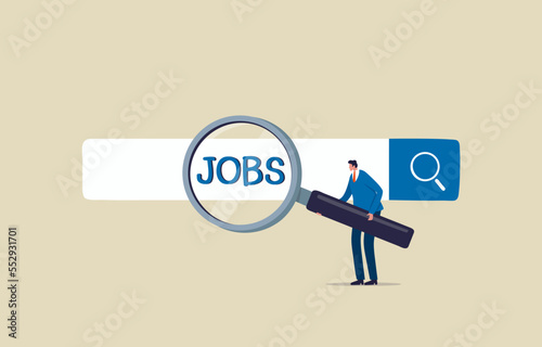 Jobs search. recruitment, hiring, employment. Find job openings. Opportunities for career growth. Young unemployed man uses a magnifying glass to search for recruitment. Illustration