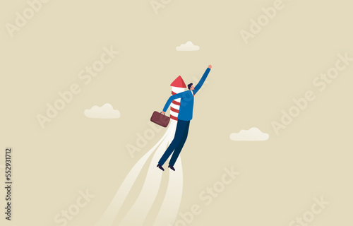 Determination and Courage. careEntrepreneurship, startup vision. starting a business. Ambitious career growth. Businessman with rocket accelerating upwards. illustration