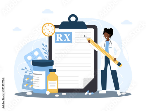 Medical prescription drugs concept. African female doctor with giant pencil standing near large recipe on clipboard. Diseases therapy pills. Pharmacy control. Vector illustration in cartoon style.