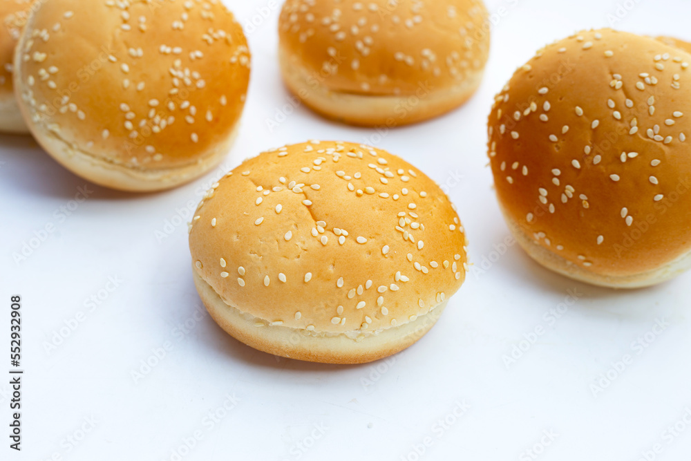 Hamburger buns with sesame on white background.
