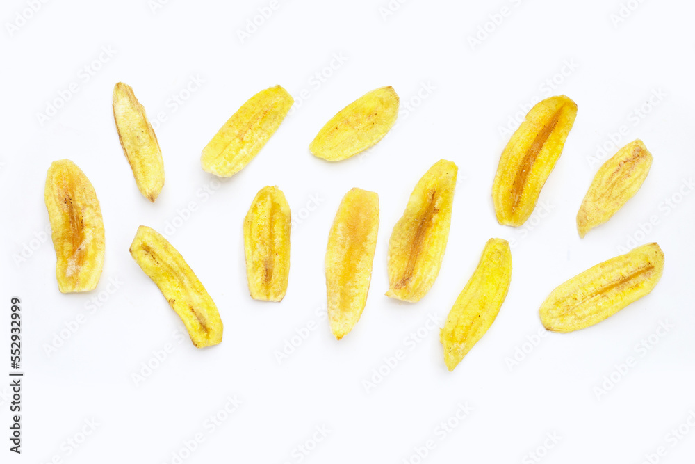 Banana slice chips on white background Banana slice chips on white background