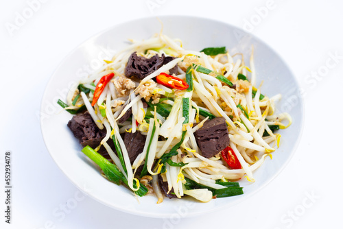 Stir fried chicken blood jelly with bean sprouts