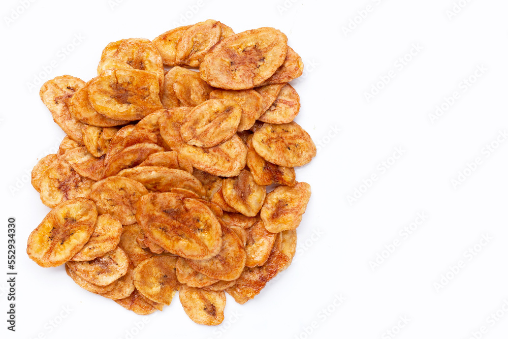 Banana chips on white background