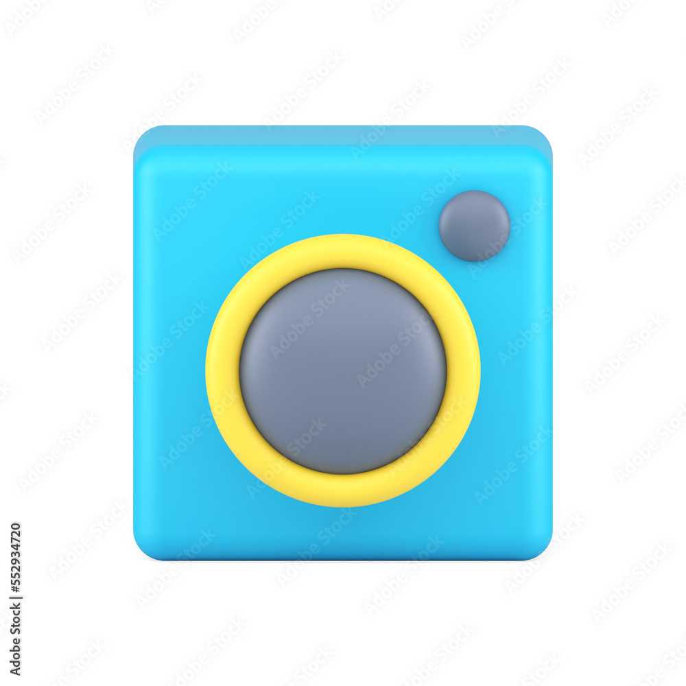 Photo camera 3d icon. Volumetric blue gadget with lens and buttons Photo camera 3d icon. Volumetric blue gadget with lens and buttons