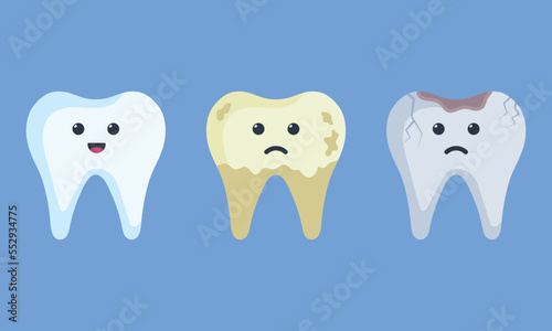 Cute cartoon healthy white happy teeth and yellow spoiled sad tooth with smiling faces. Dental Infographic elements concept vector illustration in flat design.