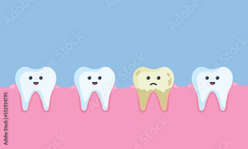 Healthy white teeth and yellow spoiled sad tooth. children dentistry sad character. kawaii facial expression.