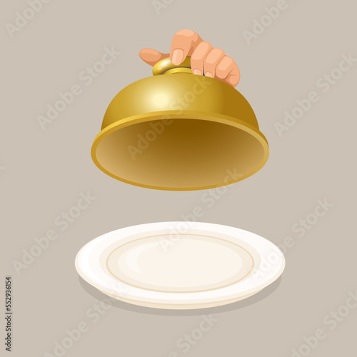 Hand chef lifting the lid on a golden food serving dish cartoon realistic illustration vector