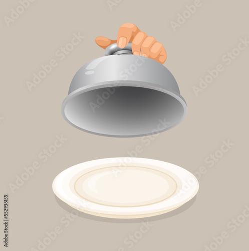 Hand lifting lid serving food cover cartoon illustration vector
