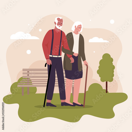 Elderly couple on outdoor walk. Illustrations for websites, landing pages, mobile apps, posters and banners. Trendy flat vector illustration