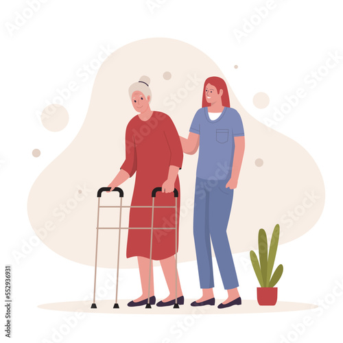 Flat design of grandma walk with caregiver. Illustrations for websites, landing pages, mobile apps, posters and banners. Trendy flat vector illustration