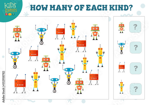 How many of each kind cartoon robot kids counting game vector illustration