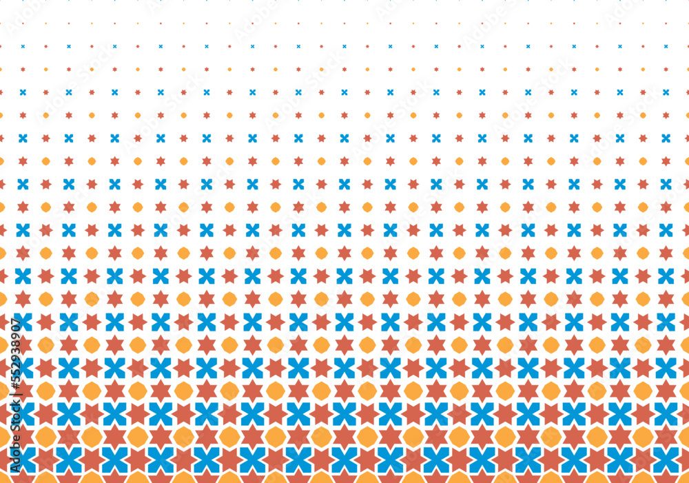 Geometric pattern of color figures on a white background. Seamless in one direction.SCALE method