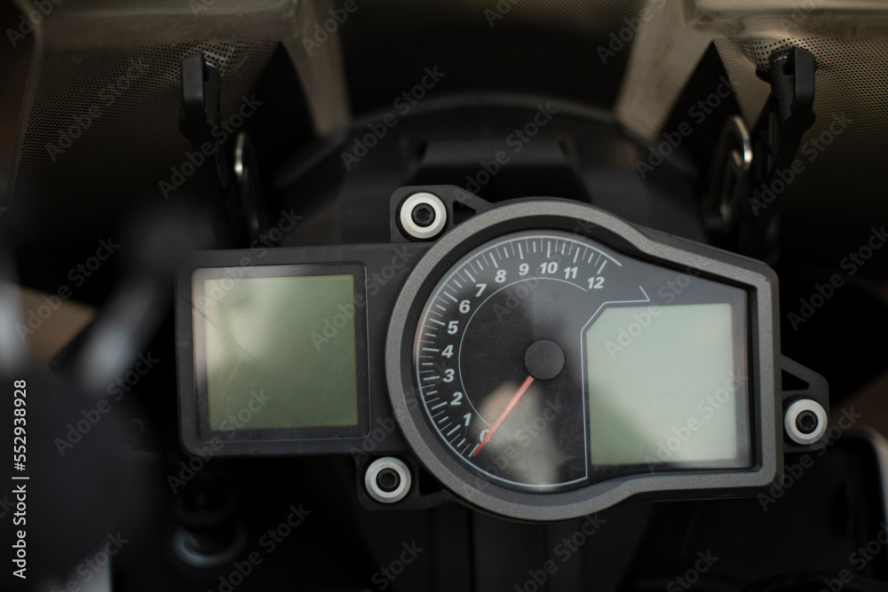 Motorcycle speedometer. Speed measuring tool. Motorcycle details.