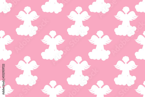 Wrapping paper for valentines gift with white cartoon angel on cloud. Valentines day banner. Creative walppaper and bed linen print.