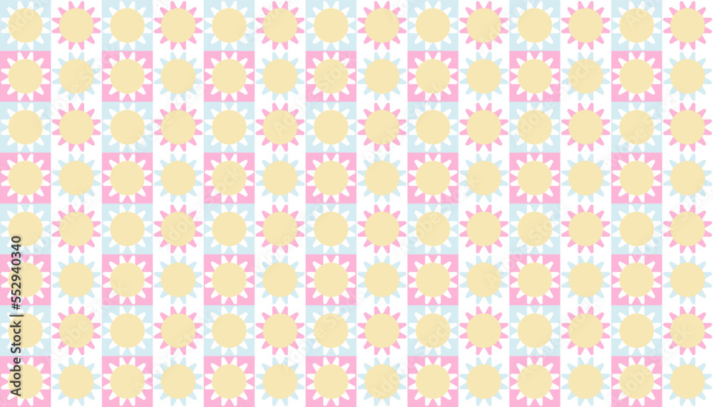 Checkerboard seamless pattern with geometric shaped flowers. Colorful vector background in retro style. Vintage hippie aesthetic. Pattern with flowers for tablecloth, picnic blanket, duvet cover. 