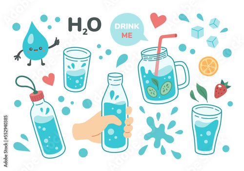 Drink more water concept, drinking water in mug, glass bottle. Set of various bottles, glasses in hand drawn style, correct daily habits, morning rituals. Zero waste. Vector illustration.