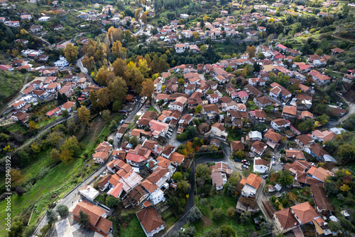 Drone aerial scenery of kampos mountain village in autumn. Troodos cyprus