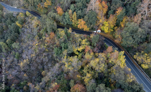 Drone aerial scenery of empty asphalt mountain road in autumn . Idyllic landscape fall season Pedoulas Troodos cyprus