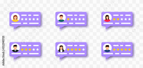 User reviews set. Concept of testimonials and user reviews. User reviews on the Internet. Clients choosing satisfaction rating and leaving reviews. Review of rated bubble speeches with stars. Feedback