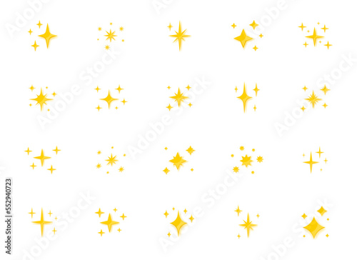 Set of twinkling stars. Collection of stars and bursts with glowing light effect. Bright fireworks, decoration flicker, brilliant flash. Twinkling stars. Vector illustration