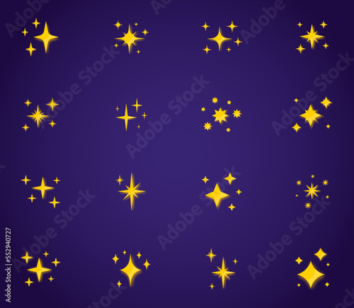 Set of twinkling stars. Collection of stars and bursts with glowing light effect. Bright fireworks, decoration flicker, brilliant flash. Twinkling stars. Vector illustration
