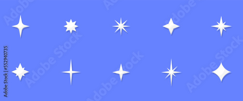 Set of twinkling stars. Collection of stars and bursts with glowing light effect. Bright fireworks, decoration flicker, brilliant flash. Twinkling stars. Vector illustration