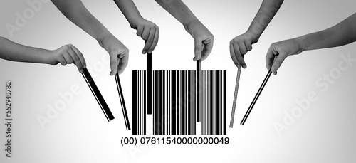 Consumer demand or flash rob as a group of robbers or customer buying frenzy and retail crime or buyer symbol as diverse hands grabbing bars in a barcode or UPC code  photo