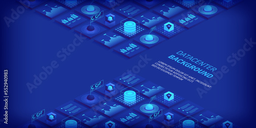 Abstract datacenter or blockchain vector isometric background Hosting server room cloud storage technology and big data processing Digital information Network mainframe infrastructure website layout