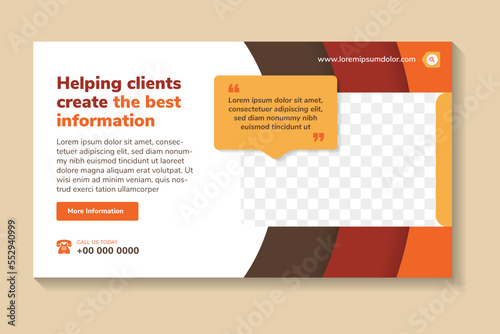 helping clients create the best information horizontal banner design. abstract modern flyer template with white background and space for the photo collage. multicolor brown element with shadow.