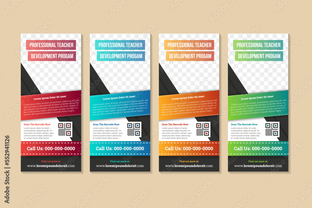 professional teacher development program vertical banner design. abstract geometric modern roll up banners template with white background. Space for the photo collage and text. 