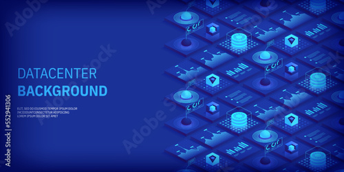 Abstract datacenter or blockchain vector isometric background Hosting server room cloud storage technology and big data processing Digital information Network mainframe infrastructure website layout