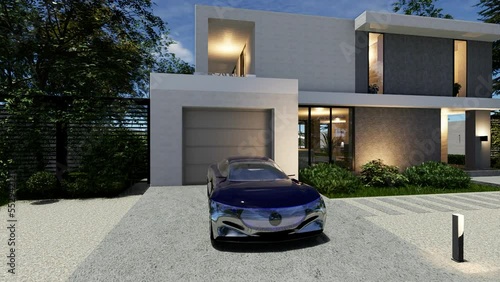 Modern house exterior, car parking, 3D animation.