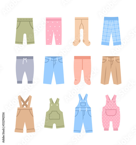 Baby clothes colorful flat icons. Children clothing cartoon pictograms. Pants, jeans, sweatpants, leggings and bodysuits. Kids wardrobe garments. Outfit for newborn child, toddler, little boy or girl