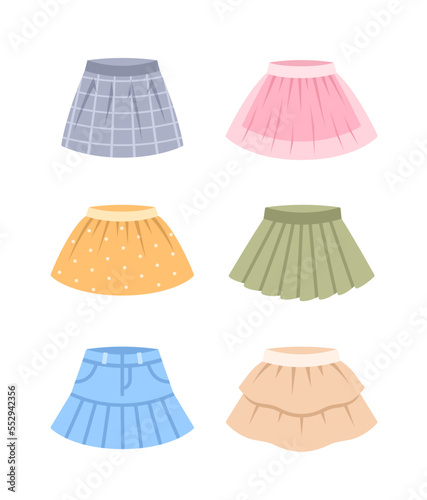 Baby girl skirts color flat icons. Different skirts for little girl. Pleated, plaid skirt, flounce, denim, chiffon skirt. Simple cartoon pictograms of children clothes. Little princess wardrobe