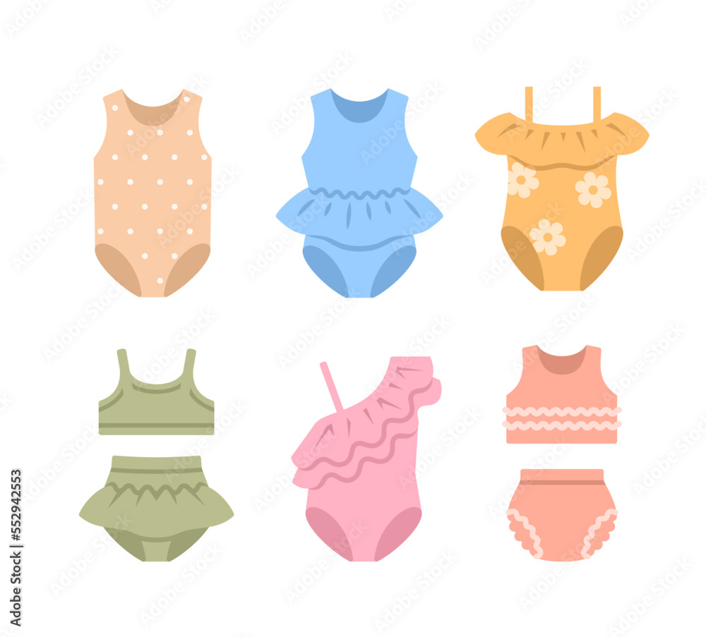 Baby girl swimsuits color flat icons. Different swimsuits for swimming in the pool and at the beach. Simple cartoon pictograms of children clothes. Little girl wardrobe Baby girl swimsuits color flat icons. Different swimsuits for swimming in the pool and at the beach. Simple cartoon pictograms of children clothes. Little girl wardrobe