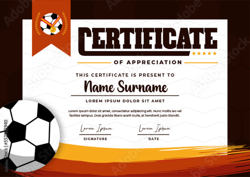 Football tournament, sport event certificate design template. Field and ball feel design with cool look