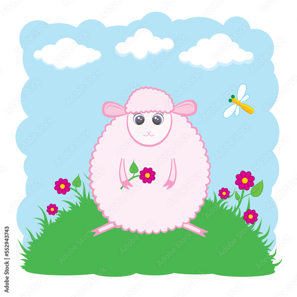 Cute lamb on a meadow with a flower. Cute lamb on a meadow with a flower.