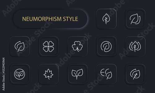 Plant icon set. Four-leaf clover, maple, photosynthesis, sprout, clover, garden, greenery, grass, greenhouse, green peace. Ecology concept. Neomorphism style. Vector line icon for Business