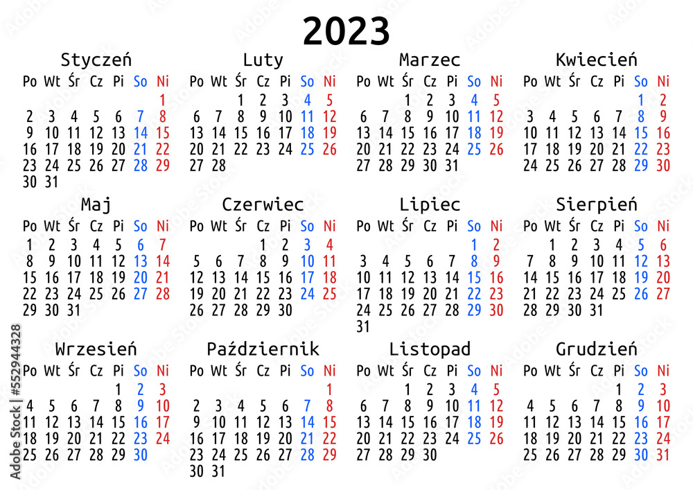 2023 calendar, Polish, Poland. Vector compact annual wall or planner