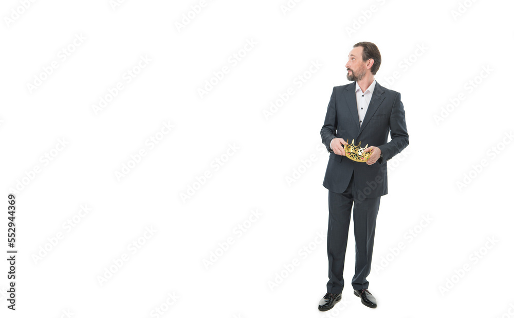 full length of businessman winner in crown and suit. businessman winner in crown with copy space full length of businessman winner in crown and suit. businessman winner in crown with copy space