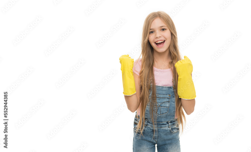 cheerful cleaner girl wear gloves in studio. photo of cleaner girl with gloves. cleaner girl