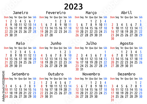 2023 calendar, Portuguese, Brazil. Vector compact annual wall or planner template for A4 or A5 paper size. Simple minimal one page per year design, EPS 8. Week starts Sunday